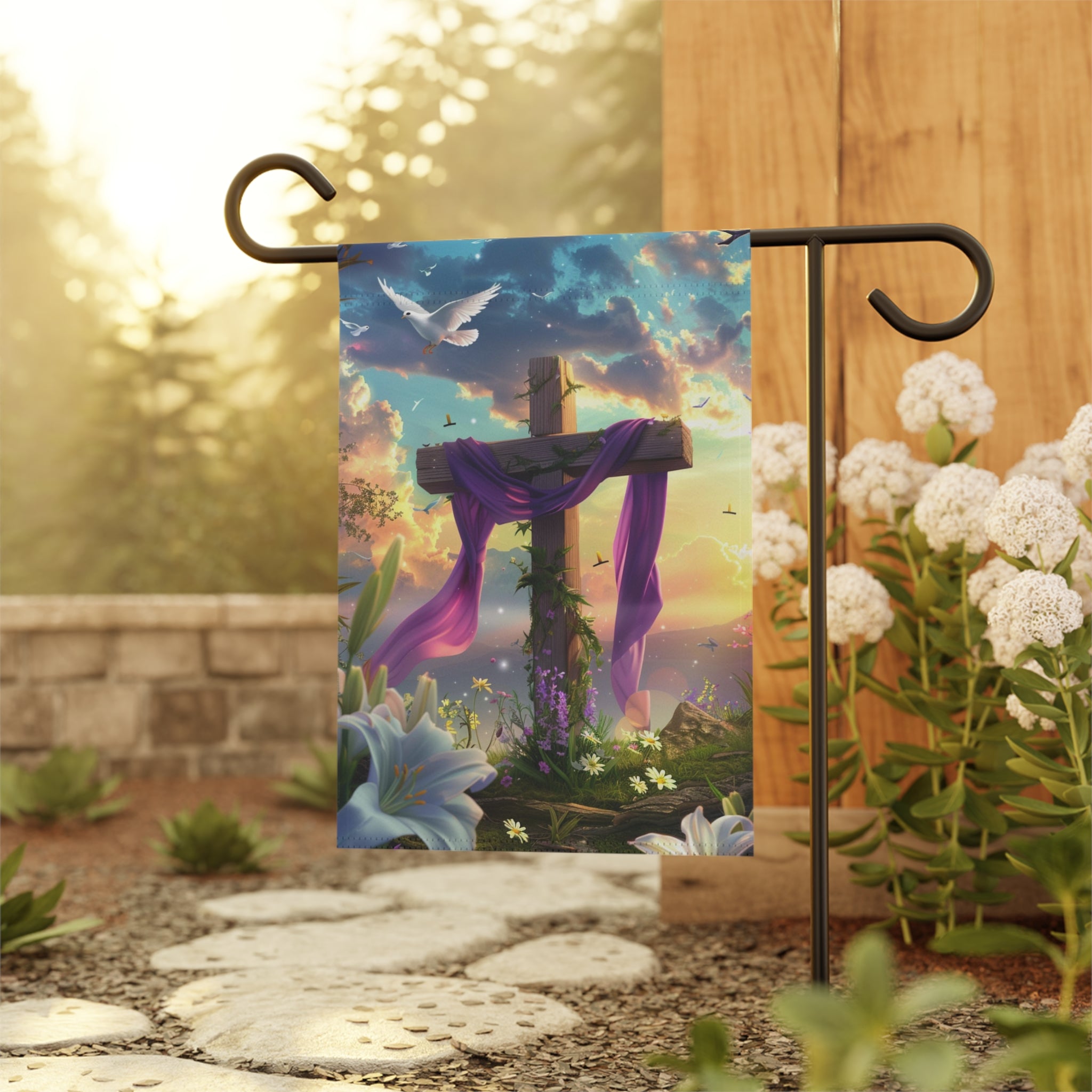(NEW) Easter Sunrise Religious House Flag Cross Doves Lilies Garden & House Banner