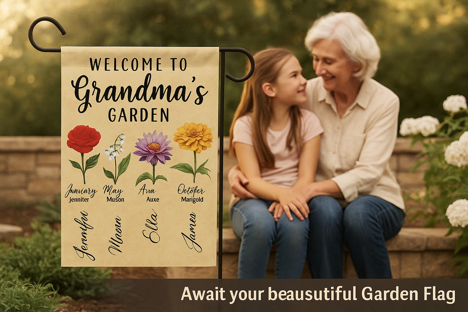 Personalized Garden Flag for Grandma – Custom Grandkids’ Names & Floral Design | Mother’s Day or Birthday Gift for Grandma, Mimi, Nana